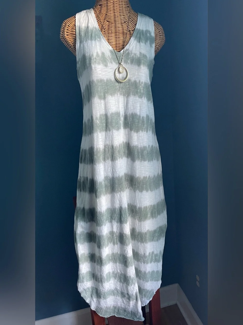 GAP Tie Dye Maxi Dress Green and Cream 100% Cotton Sleeveless Raw Hem Size Small